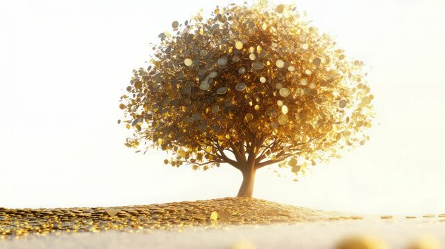 Golden coin tree, wealth, growth, sunrise, finance, prosperity, investment