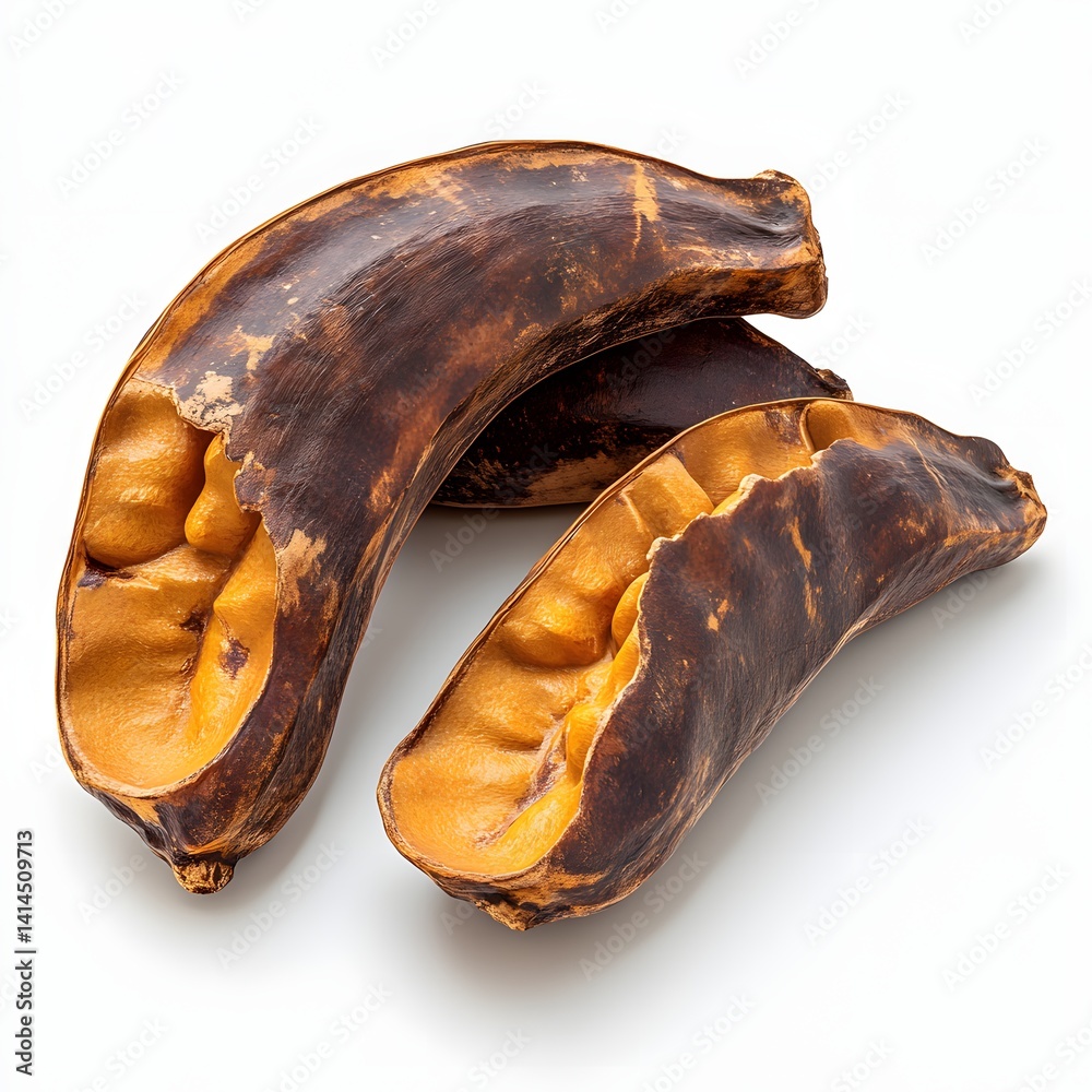 Poster sliced tamarind showcasing their wrinkled textures and vibrant color contrasts against a clean white