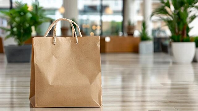 Brown paper shopping bag placed on polished floor in a modern retail space with greenery