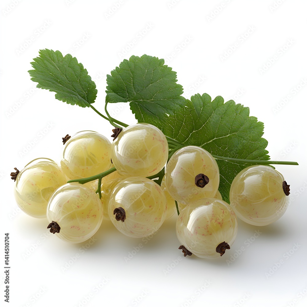 Poster close-up of a bunch of fresh white currants with their green leaves. a vibrant image showing the bea