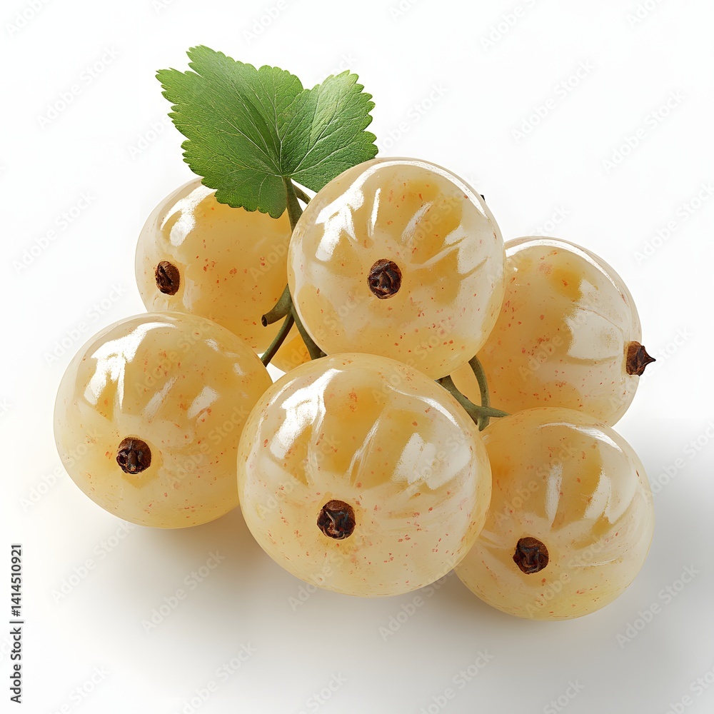 Poster a close-up image of a bunch of ripe white currants with a vibrant green leaf. the image showcases th