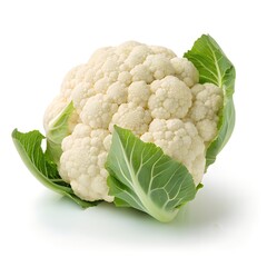  A high quality, isolated image of a fresh cauliflower with green leaves still attached. White background, 