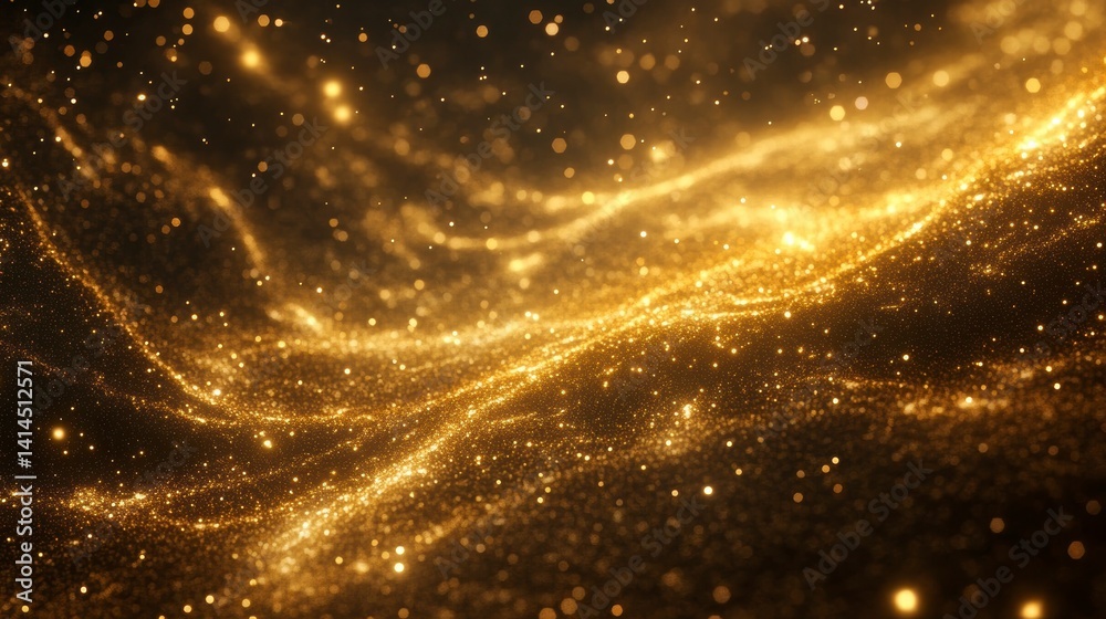 Aufkleber Abstract gold glittering particles flowing in wave motion on dark background.