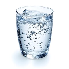 A glass of sparkling water with bubbles rising to the surface sits on a white background.