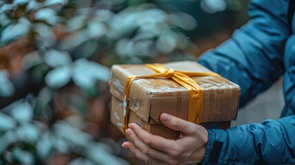 A person holds a wrapped gift with a ribbon in a natural setting.