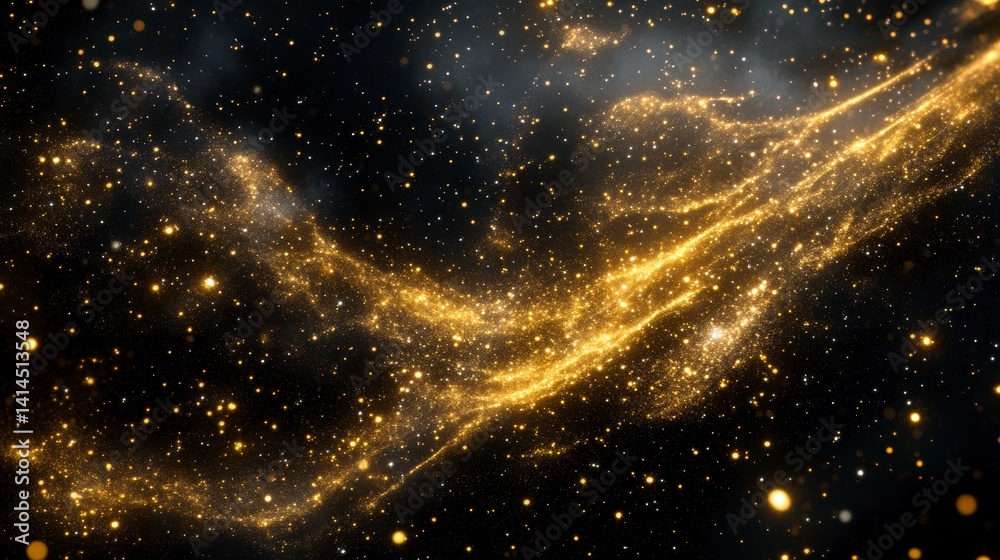 Aufkleber Abstract cosmic nebula with golden glowing particles and dust in dark space.