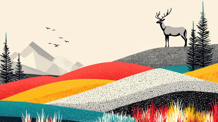 Vibrant abstract landscape with colorful rolling hills, silhouetted deer, pine trees, distant mountains, flying birds, and a minimalistic sky in a modern illustration style