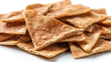 Fototapeta premium A delicious pile of crispy triangular pita chips seasoned with spices sits on a white background ready to be eaten.
