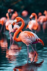 Fototapeta premium The graceful flamingo walking in the summer lake