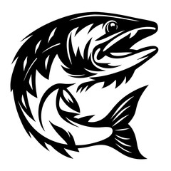 Stylized Northern Pike Fish in Aggressive Jumping Pose Black and White Design