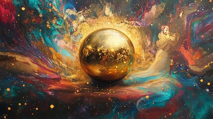 Golden sphere in a vibrant, cosmic nebula.