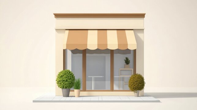 Charming storefront facade with striped awning and potted plants creating a welcoming and inviting ambiance for a small business or cafe
