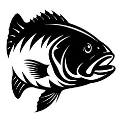 Elegant black and white graphic illustration of a largemouth bass fish