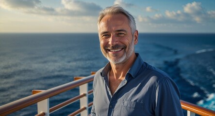 Fototapeta premium middle age Caucasian man in cruise ship at sea portrait smiling happy landscape background ad concept with copy space