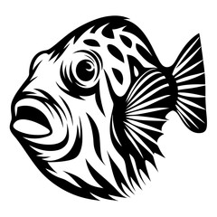 Tribal Fish Silhouette with Open Mouth and Intricate Markings in Black and White