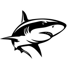 Black and White Shark Vector Graphic with Aggressive Stance and Sharp Fins