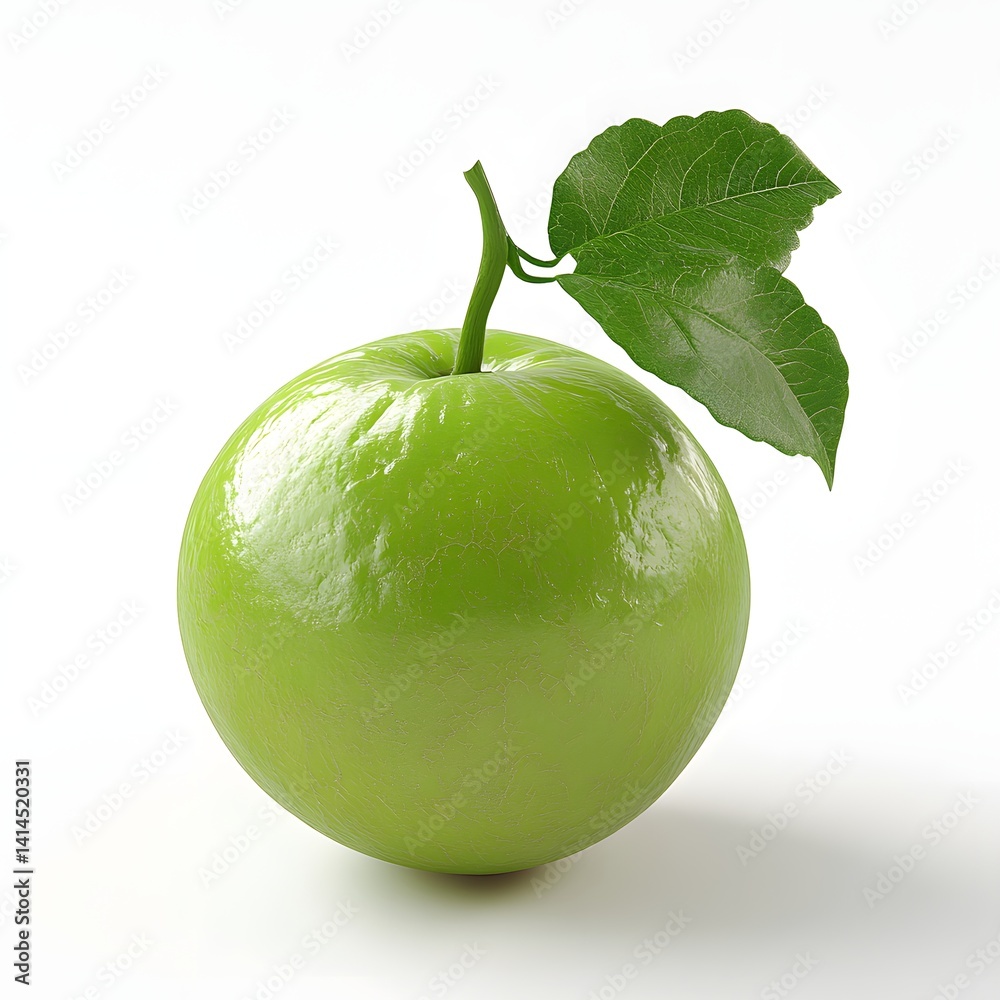 Poster close-up image of a single, ripe green guava with a leaf. the fruit is vibrant and fresh against a p