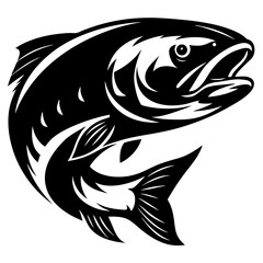 A striking black and white vector graphic of a leaping fish