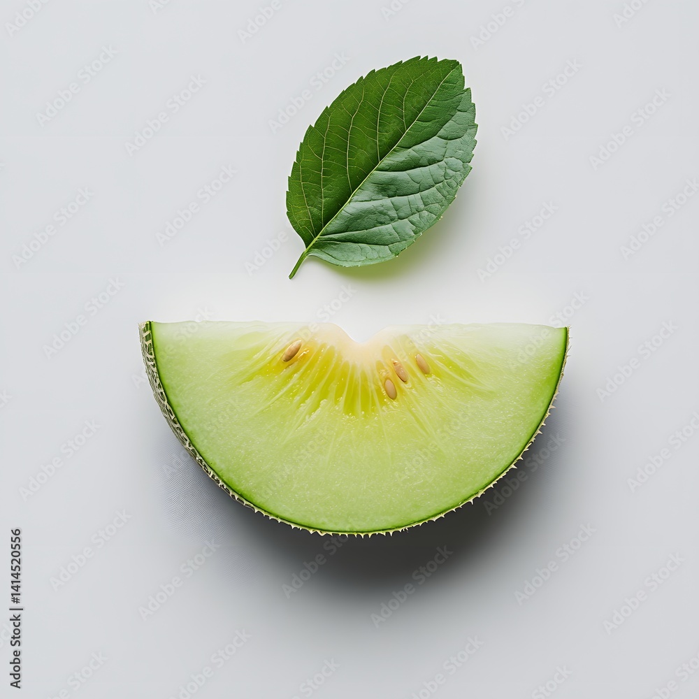 Poster a single slice of fresh green melon, next to a vibrant green leaf, on a white background. refreshing