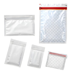 Plastic ziplock bag set with empty polythene packages isolated on transparent background PNG