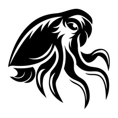 Monochrome Cuttlefish Illustration with Elegant Tentacles and Intricate Details Black and White