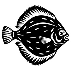 Stylized Black and White Flatfish Illustration with Detailed Fins and Markings