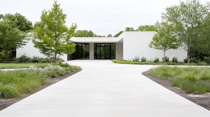 Modern white building with lush green landscaping and pathway