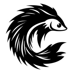 Monochrome fish design showing stylized fins, scales and a round body shape