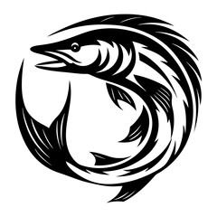 Stylized black and white circular illustration of a barracuda fish design