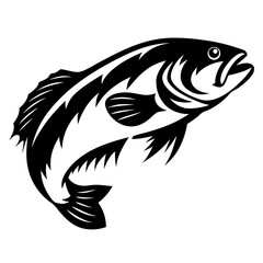 Bold black and white illustration of a jumping bass fish artwork