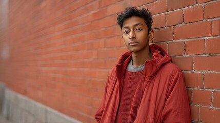 Obraz premium Young person in a red jacket leans against a red brick wall, exuding a relaxed confidence and contemporary style.