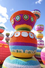 Colorful Knitted Bowls Stacked Outdoors