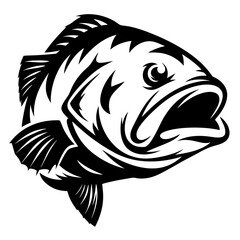 Bold graphic illustration of a bass fish in black and white style