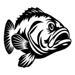 Bold black and white stylized illustration of a largemouth bass fish