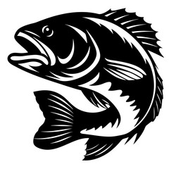 Stylized monochrome illustration of a large mouth bass in leaping motion design