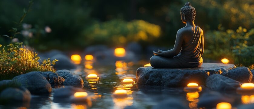 Serene Enlightenment: A moment of inner peace, as a tranquil figure sits in meditation by a softly lit stream, the scene emanating calmness and reflection.