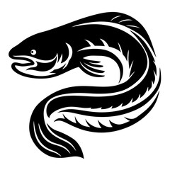 Stylized black and white graphic illustration of an eel in motion