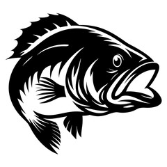 Bold black and white bass fish illustration with open mouth design