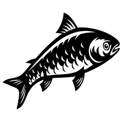 Stylized Black and White Fish Illustration with Clean Lines and Sharp Details