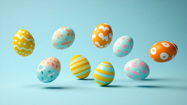 Bright 3D Easter eggs hovering in the air with a soft light blue background made with Generative AI technology
