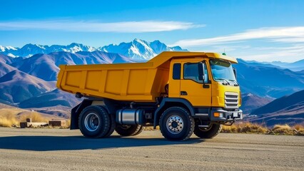 A yellow dump truck stands against the backdrop of majestic mountains. The machine is designed to transport goods in a quarry or at a construction site.