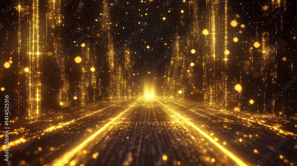 Aufkleber golden glowing lines and particles forming a perspective tunnel.