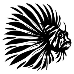 Black and White Illustration of a Lionfish with Detailed Fin Markings
