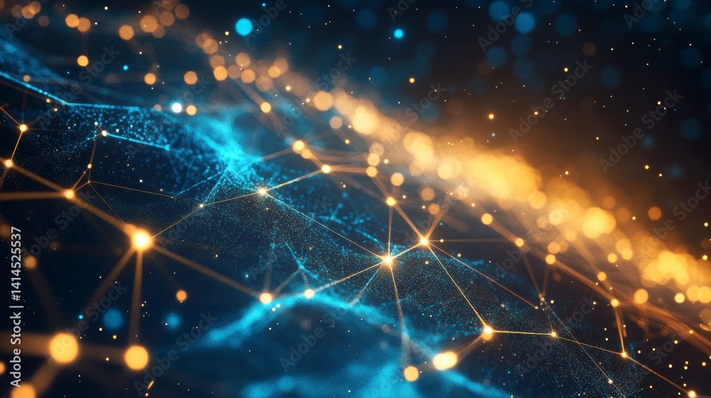 Fototapete Abstract network connection with glowing nodes and lines, dark blue and gold color scheme.