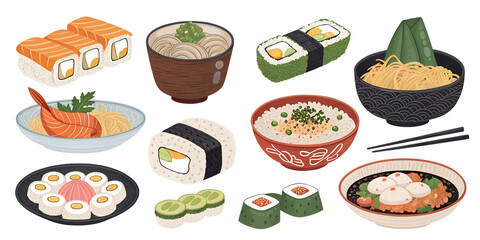Set on Japanese food on a transparent background
