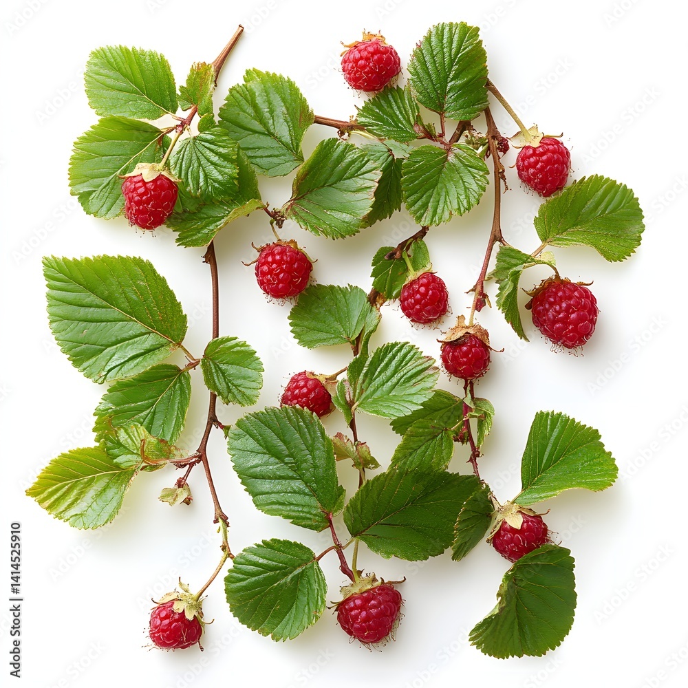 Poster Close-up shot of a raspberry branch with many ripe red raspberries and vibrant green leaves, isolated on a white background. Raspberry Branch with Lush Green Leaves Isolated on a white background.