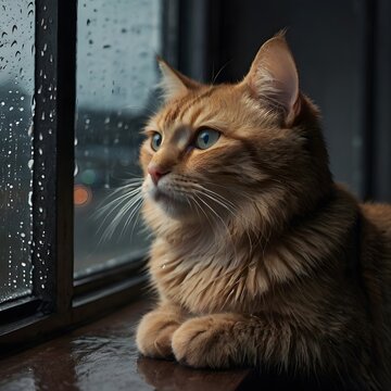 A fluffy cat sits by a window, gazing outside. The soft lighting creates a warm and inviting atmosphere. The cat's fur is a mix of light and dark brown, and its expression is peaceful and contemplativ