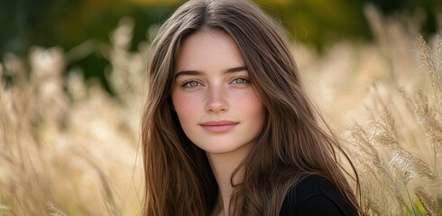 Fototapeta premium Stunning Young Woman with Long Brown Hair and Green Eyes Posing in Meadow with Tall Grasses