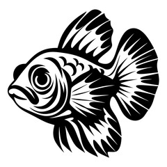 Black and white fish illustration in a stylized tribal art format