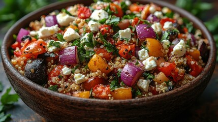 Nutritious Quinoa Salad with Roasted Vegetables, Feta Cheese, and Fresh Parsley Served in Wooden Bowl